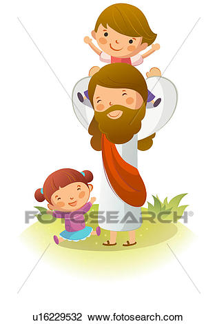 Clip Art - Jesus Christ carrying a boy on his shoulders with a girl sitting  on