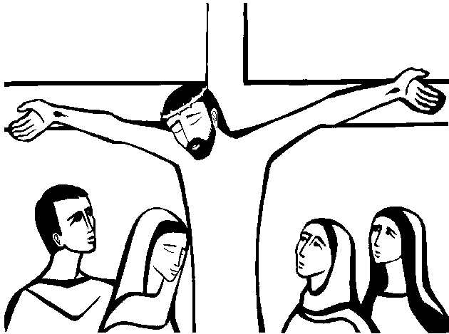 Jesus on the cross with apostle and women