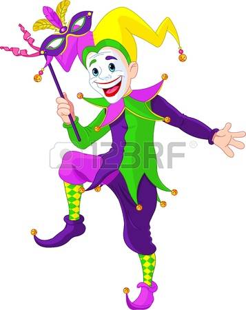 joker: Clip art illustration of a cartoon Mardi Gras jester holding a mask