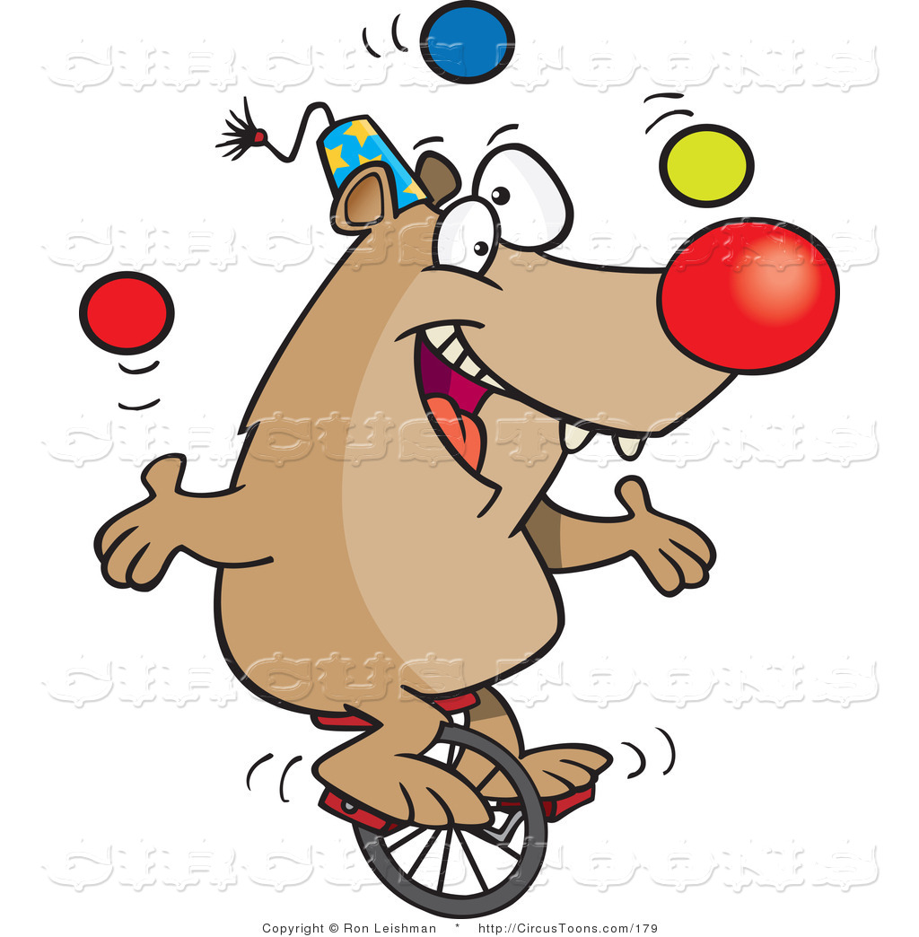 Circus Clipart of a Cartoon Circus Bear Juggling Balls on a Unicycle