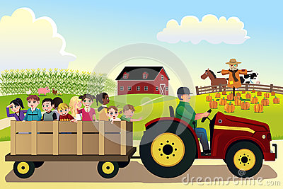 Kids On A Hayride In A Farm During Fall Season Stock Vector - Image: 42308341