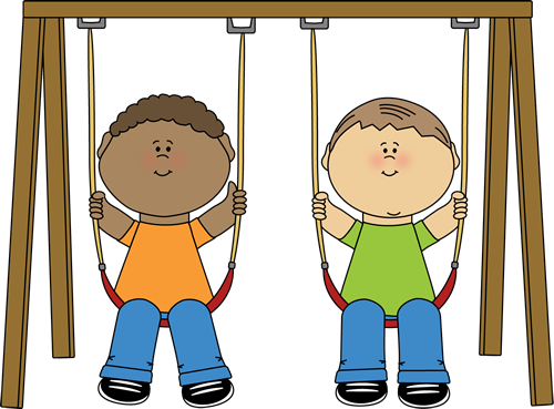 Kids on a Swing Clip Art Image - two kids swinging on a wooden swing set.