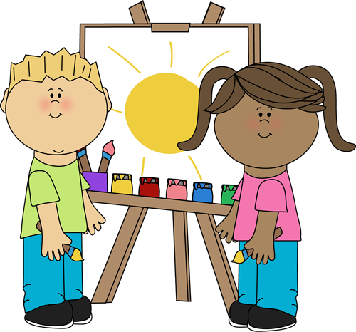 Kids Painting on Easel - Clip Art Painting