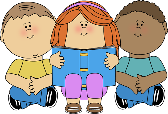 Kids Reading Clip Art Image - kids sitting together reading a book.