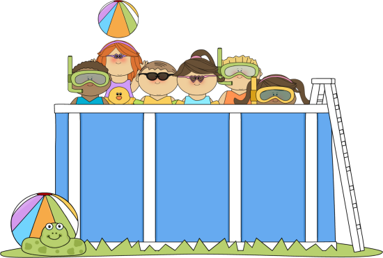 Kids Swimming Clip Art Image - bunch of kids wearing sunglasses, goggles, and floats, swimming in a pool.