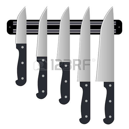 Set of knives on magnetic holder isolated on white Vector