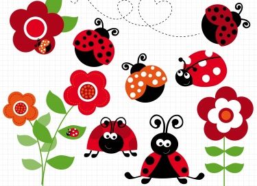 This RED LADYBUG GARDEN clipart set includes red ladybugs / ladybirds  sitting on flowers, crawling on the ground and enjoying the garden.