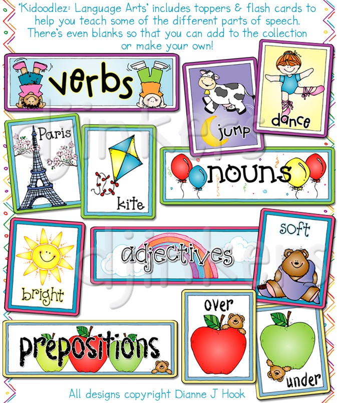 Language Arts flash cards, nouns, verbs, adjectives, prepositions