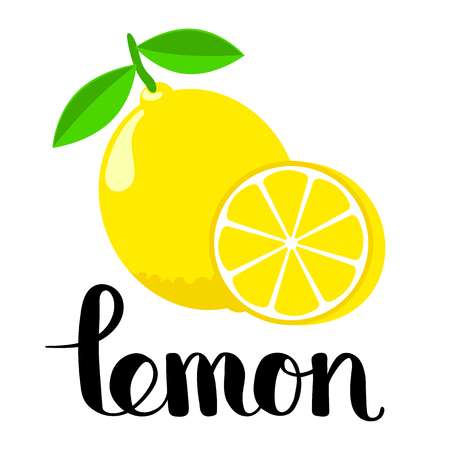 Lemon and a half with handwritten inscription. Flat style editable vector  illustration. Letter L