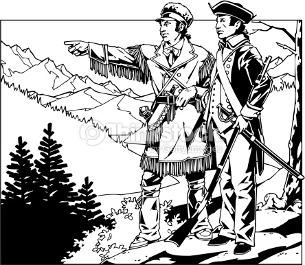 Lewis and Clark standing on a mountain pointing : Vector Art