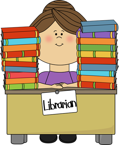 Librarian Clip Art Image - librarian sitting at a desk with stacks of library books on the desk