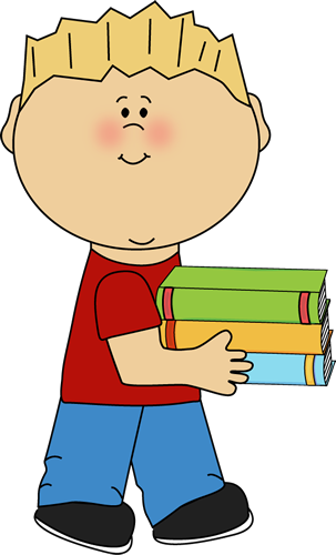 Little Boy Carrying a Stack of Books