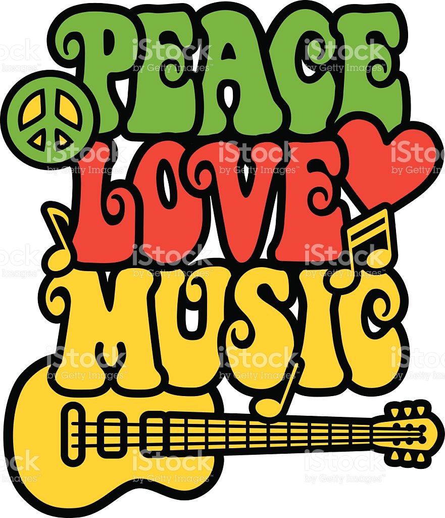 Peace, love and music written in 60u0027s style font with guitar royalty-free  peace