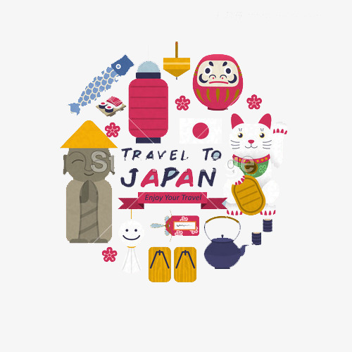 cute japanese cultural symbols set in flat style, Carp, Lucky Cat, Lantern  PNG