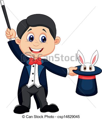 ... Magician pulling out a rabbit from - Vector illustration of.
