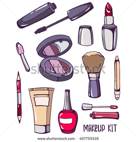 Makeup kit: mascara, nail polish, foundation, mirror, lipstick, brush,