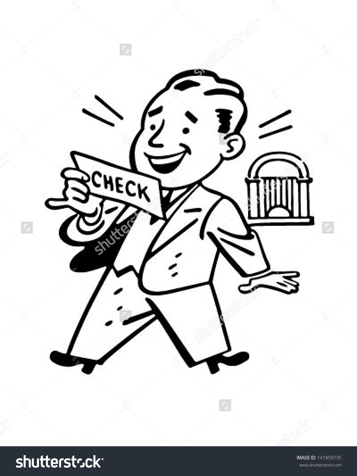 Man Receiving Check - Retro Clip Art Illustration