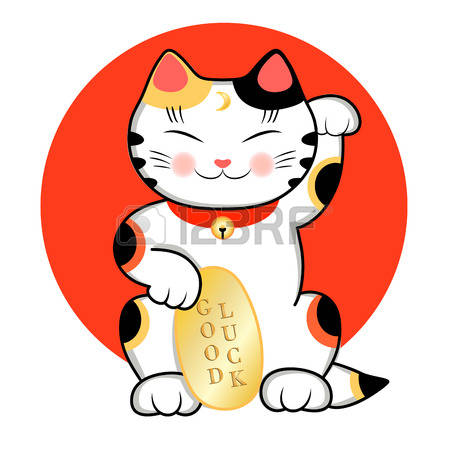 Maneki Neko Cat is wishing Good Luck. Vector illustration of a cute  traditional east asian