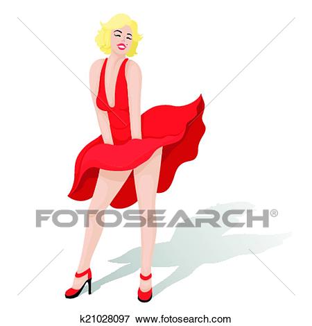 Blonde girl in a red dress as Marilyn Monroe with red lipstick in shoes on  a white background