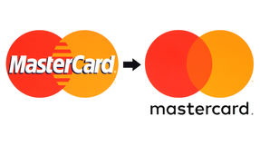 New and old Mastercard logos printed on white paper. Kiev, Ukraine - August  30