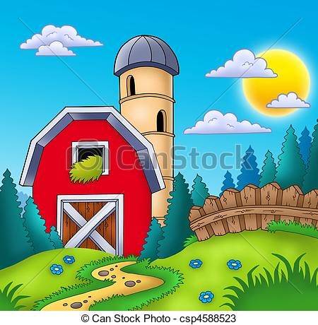 ... Meadow with big red barn - color illustration.