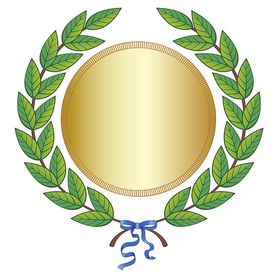 Digital Clipart Green Leaf Laurel Wreath Gold Medal Blue Silk Ribbon Vector  Award Background