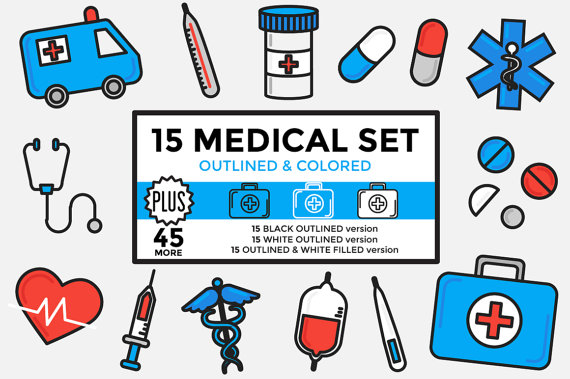 Medical Clipart / Healthcare Clipart / Hospital Clipart Set Outlined u0026amp; Colored Vector Graphics