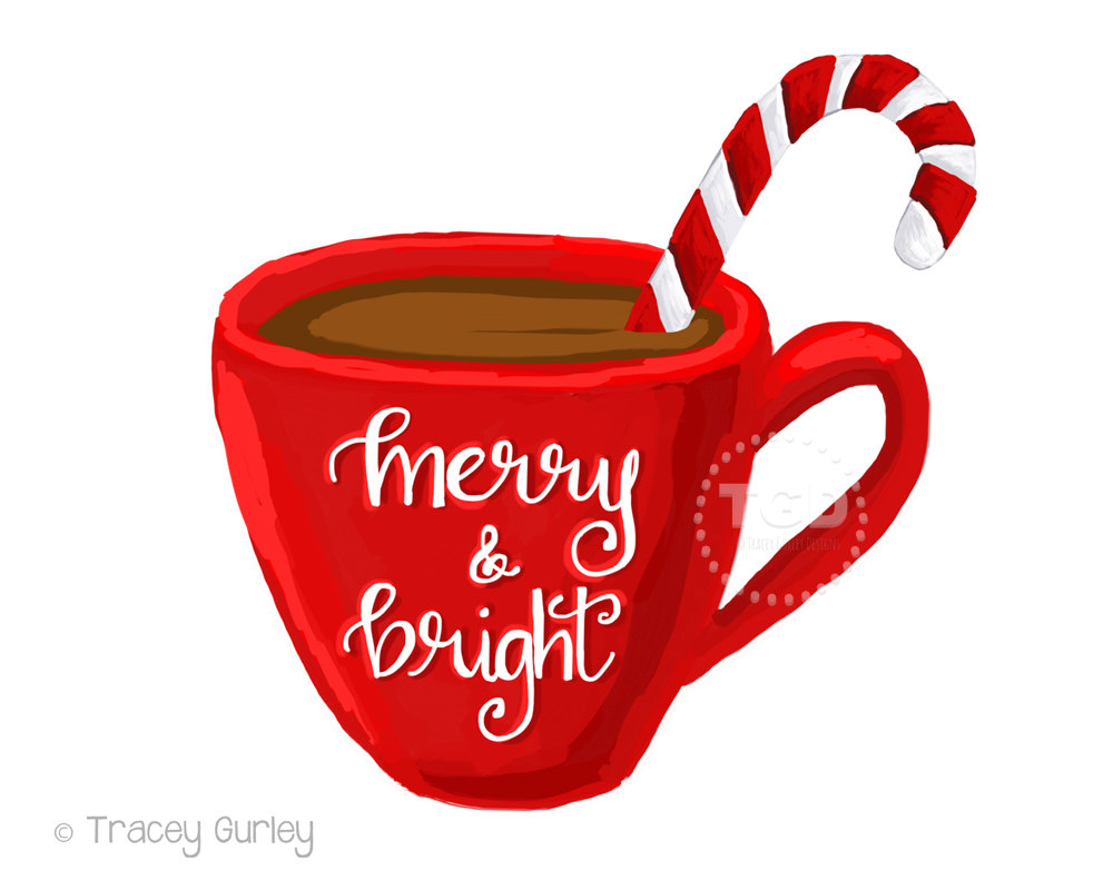 Merry and Bright hot cocoa clipart, coffee cup clipart, calligraphy mug, Christmas clipart, instant download - 2 Mugs