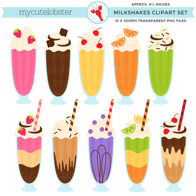 Milkshakes Clipart - clip art set, milkshakes, drinks, milkshake, sundaes, shake - personal use, small commercial use, instant download