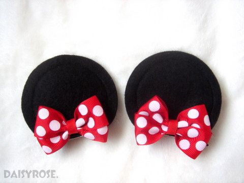 Minnie Mouse Ear hair clips with red polka by LittleMissDaisyrose, $11.50