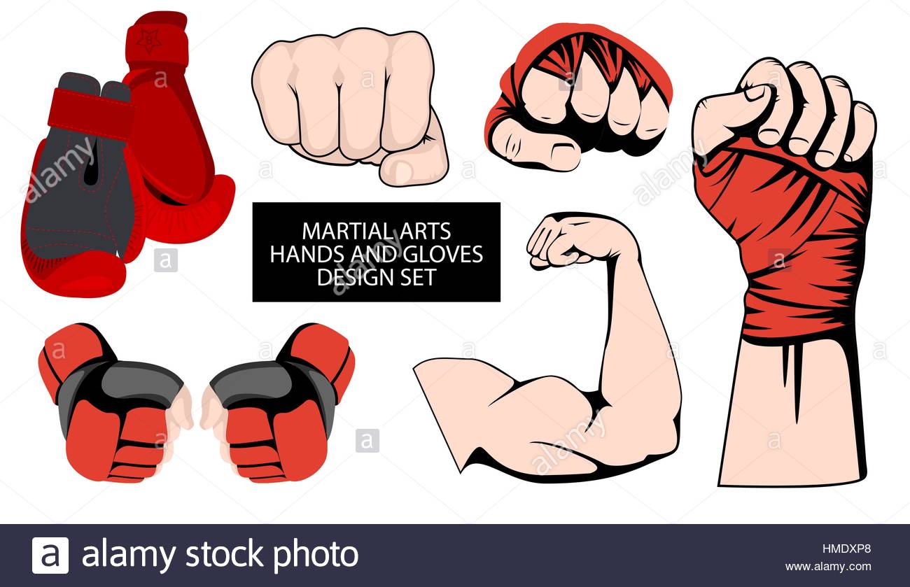 MMA or boxing red gloves hand design element set. Mixed martial arts  collection. Fighting fist emblem or logo idea. Vector athletic hands icon