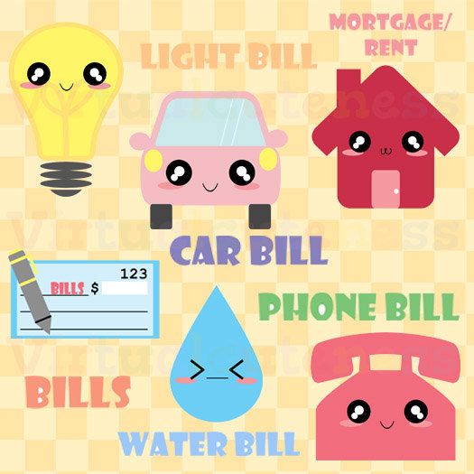 Monthly Bills Clipart - Bills, Mortgage, Phone, Cute, Kawaii, EC Planner