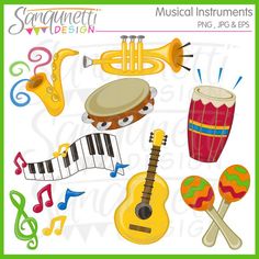 Musical Instruments Clipart includes drum, guitar, maracas, music notes, saxophone, tambourine