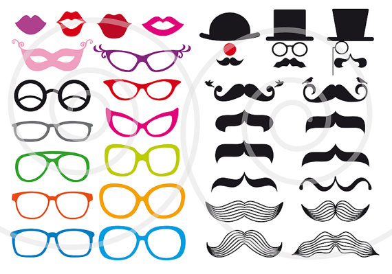 Mustache clipart, photo booth props, digital clip art set, printable for wedding,