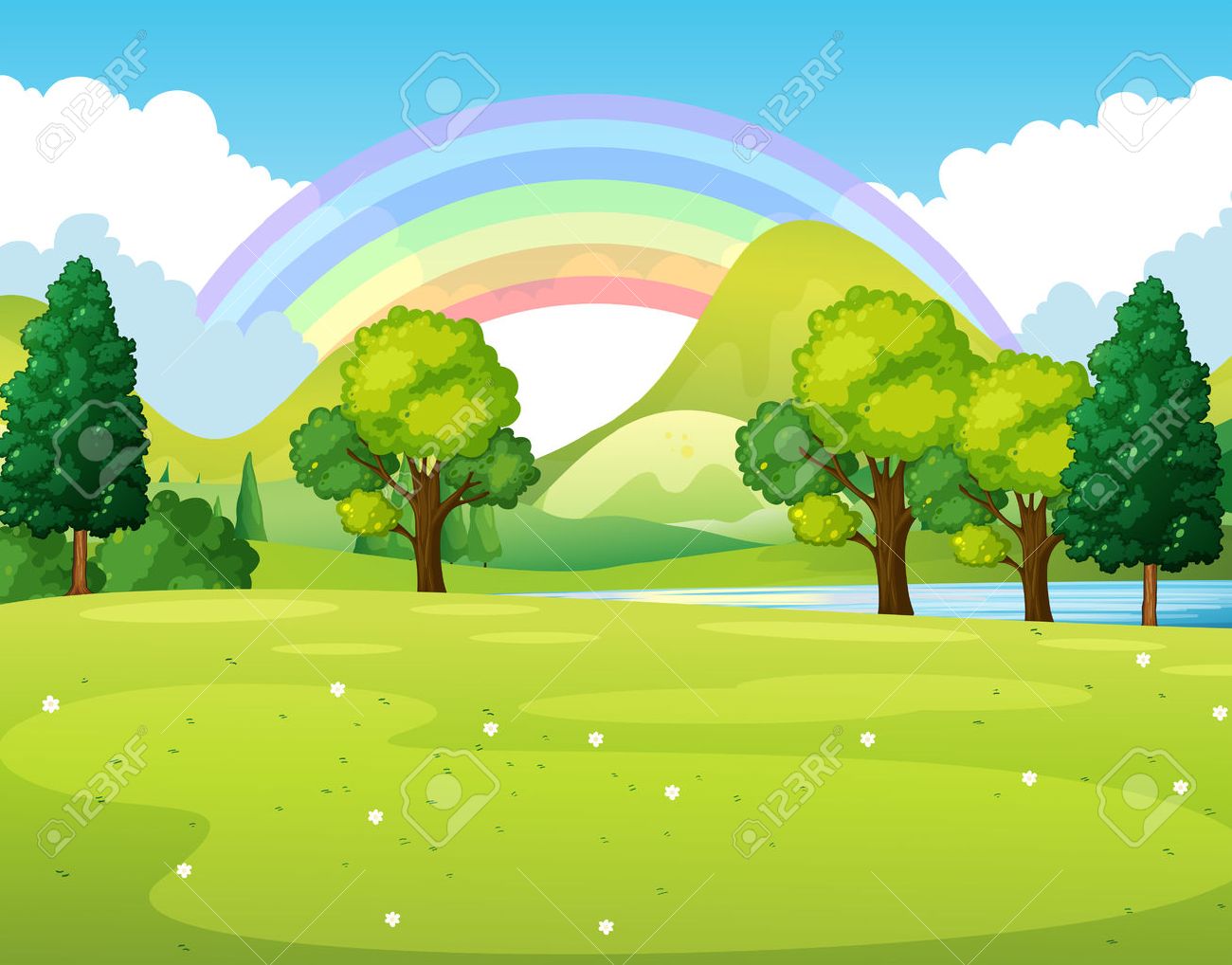 Nature scene of a park with rainbow illustration