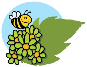 Nature Clipart Image: A Honey Bee Flying Over Five Daisies.