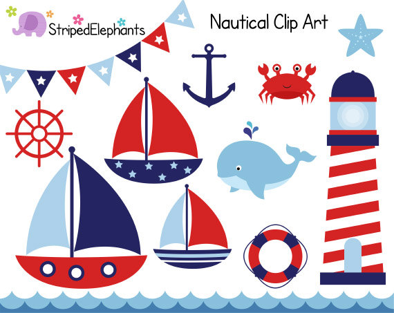 Nautical Clip Art - Sail Boat Clipart - Red and Navy - Digital Clipart - Instant Download - Commercial Use
