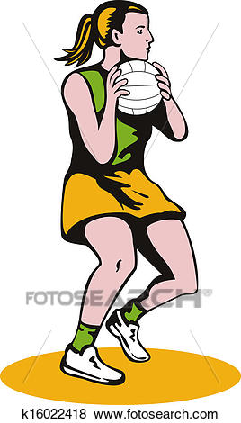 Illustration of a netball player catching ball done in retro style.