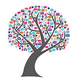Social networking; Social technology and media tree filled with networking  icons