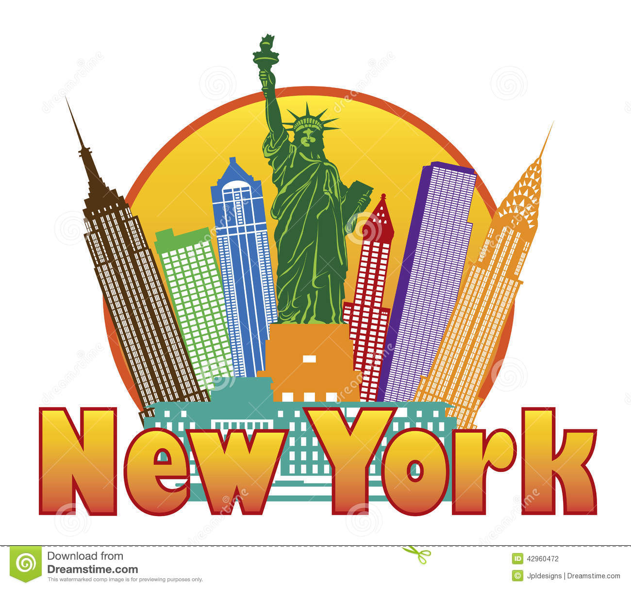 New York City Colorful Skyline With Statue Of Liberty In Circle