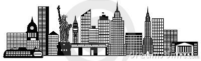 New York City Skyline Panorama Black and White Silhouette Clip Art Illustration.