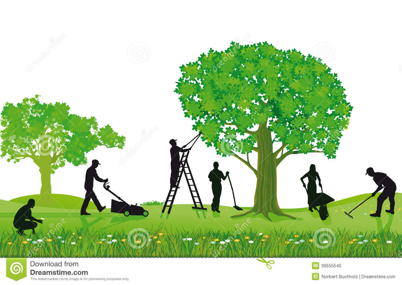 Of Workers Landscaping Pruning Mowing A Lawn And Planting A Garden