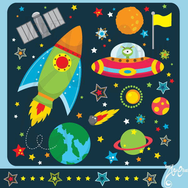 Outer space clipart:u0026quot;OUTER SPACEu0026quot;clip art pack instant download Os002 spaceship,planets,rockets,stars for scrapbooking,card making,invites