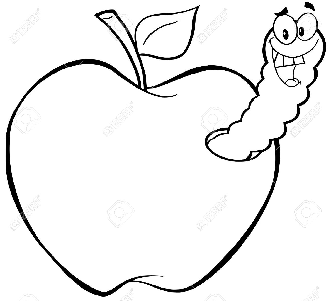 Outlined Happy Worm In Apple  - Apple With Worm Clip Art