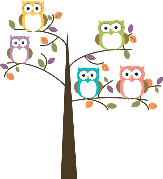 Owl Cartoon | Colorful Owls in Pretty Tree Clip Art - Colorful Owls in Pretty Tree