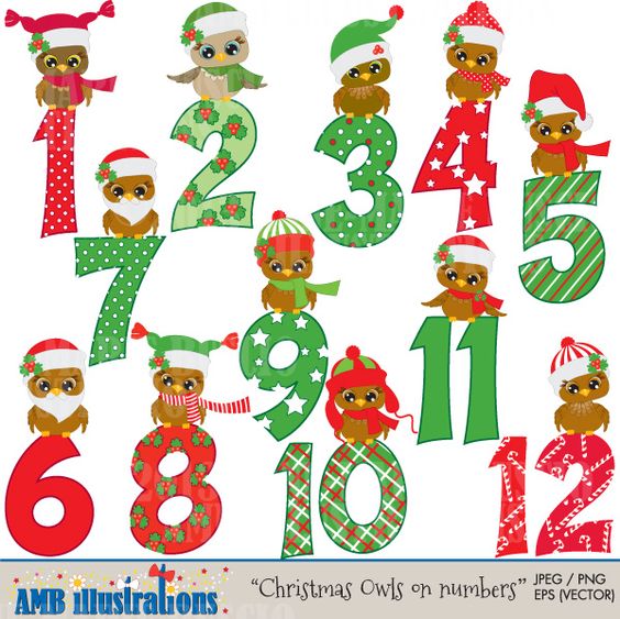 Owl clip art u0026middot; Christmas Owls and numbers -Cute Christmas Owls counting down the 12 days of Christmas.