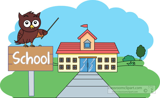 owl sitting on sign in front of school clipart. Size: 65 Kb