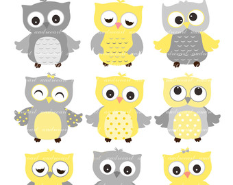 Owls clip art , 9 baby owls clip art, yellow Owls, grey and yellow owls, cute owls , color owls, owl , instant download