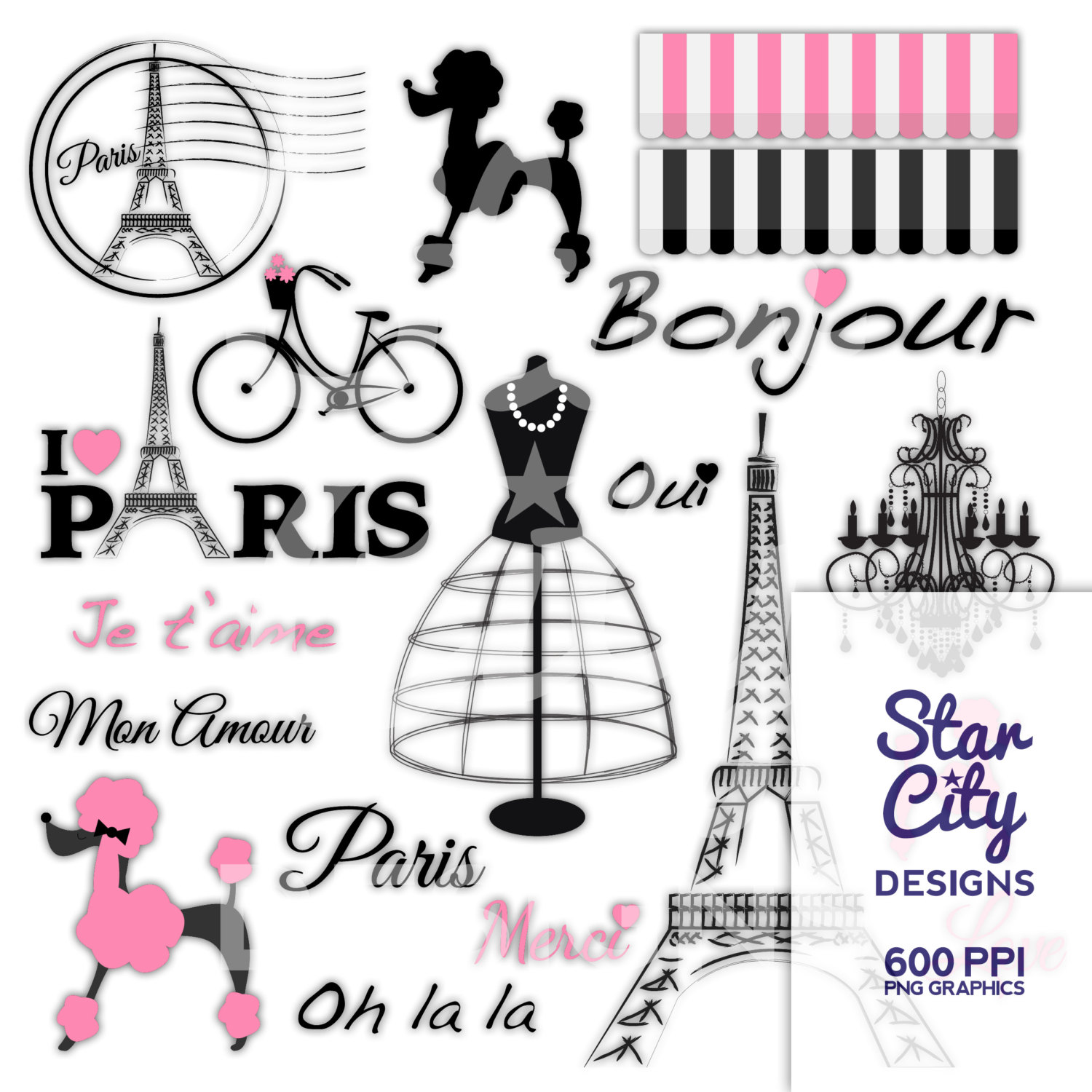 Paris Clipart, Paris poodle clipart, clipart, clip art, digital graphics, instant download, chandelier clipart, bike clipart, pink paris art