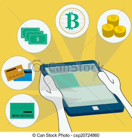 Online payment methods: money, virtual currency, bank, credit card and  debit. surfing the tablet.